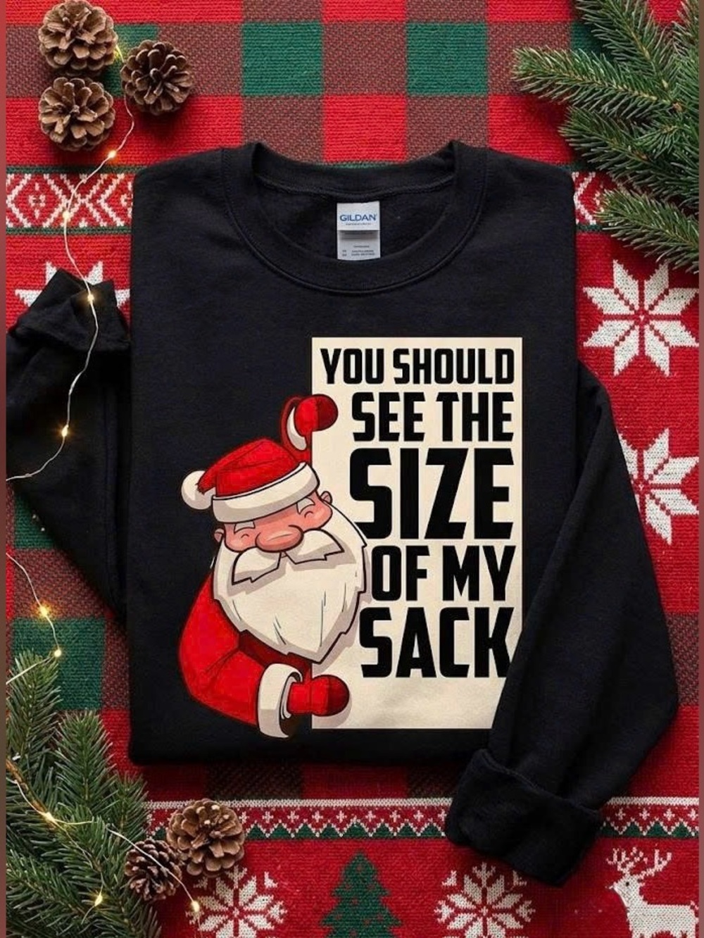 Funny Santa Sack Graphic Black Crewneck Sweatshirt Ugly Christmas Party Top